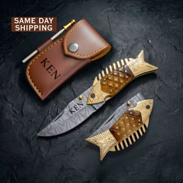 Fish Knife Handmade Damascus Knife Personalized Fish Pocket Knife Folding Knife Groomsmen Gift Fishing Gift for Men Boyfriend Dad Father Him