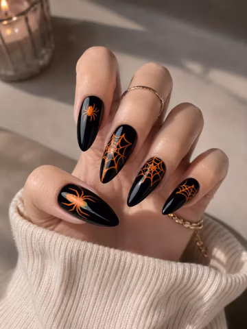 Spider Web Press On Nails, Black Halloween Spider Nail Art, Glossy Spooky Reusable Fake Nails for Fall