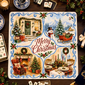 Cozy Christmas Neoprene Mahjong Mat, Blue and White Winter Cottage American Mahjong Game Mat, Non-slip Table Cover, SHIPS ROLLED
