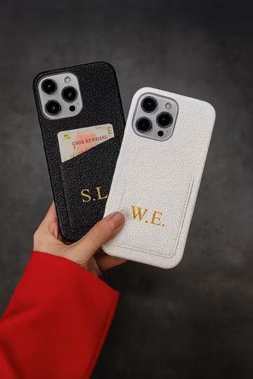 Personalized Leather iPhone Case with Card Holder – Custom Initials, Luxury Protective Cover