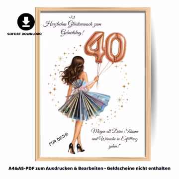 Birthday gift 40th birthday cash gift voucher wife girlfriend daughter money wrapping gift gift idea PDF instant download