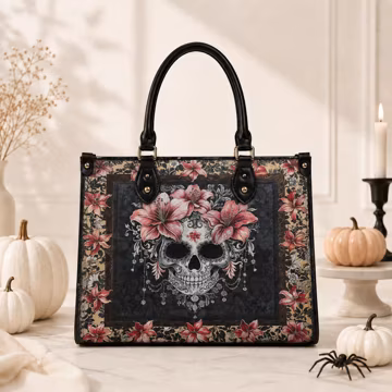 Gothic Skull Handbag, Personalized PU Leather Purse with Red Roses, Custom Name Goth Bag for Women, Halloween Purse