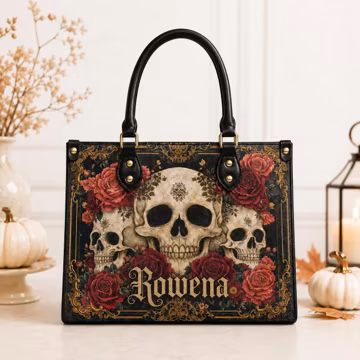 Gothic Skull Handbag, Personalized Leather Purse with Red Roses, Custom Name Gothic Bag, Halloween Gift for Her, Skull Lover Gift