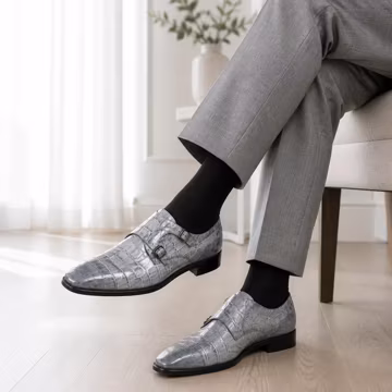 Handmade Men gray pirnt monk shoes \ Two tone dress shoes For Men