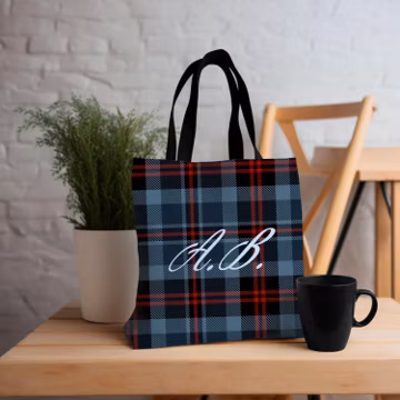 Custom Initials Navy Blue and Red Plaid Design AOP Tote Bag, Personalized Initials Christmas Reusable Tote Bag