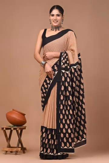 Beige Black Cotton Saree, Ajrakh Hand Block Print, Indian Ethnic Boho Saree (Blouse Piece)