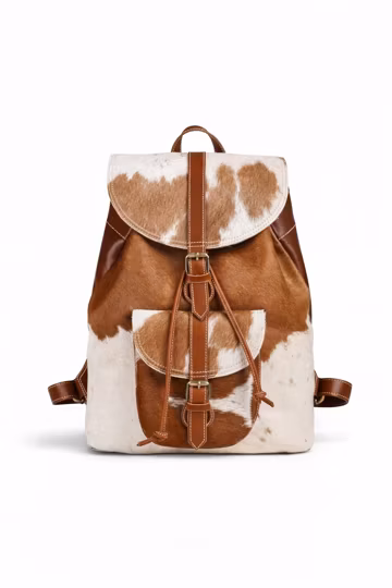Handmade Cowhide Leather Backpack | Tan & White Hair-on Bag