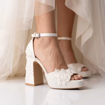 Comfortable Lace and Pearl Embellished Satin Bridal Shoes, Floral Patterned Platform Wedding Shoes