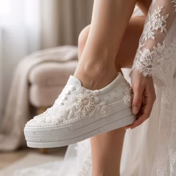 Pearl Embellished Floral Pattern Lace Platform Bridal Sneakers, Comfortable Ivory Wedding Shoes