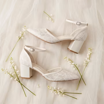 Ivory Lace Kitten Pumps, Block Heel Wedding Heels, Ankle Strap Bride Shoes