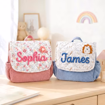 Personalized Corduroy Toddler Backpack: Custom Yarn Name, Quilted Preschool Book Bag for Girls & Boys