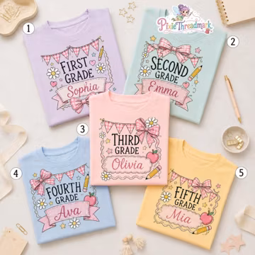Personalized Back to School Shirt, Custom First Day of School Tee, Coquette Bow Pencil Design, Girls Grade Level Top, Gift for Daughter