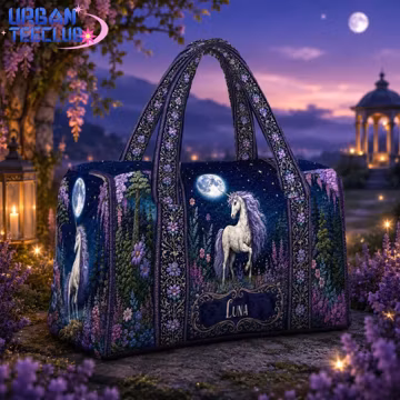 Custom Name Fantasy Unicorn Duffel Bag, Unicorn Travel Bag, Gothic Quilted Weekend Bag, Fantasy Art Gym Bag, Gift for Unicorn Lovers Her Him