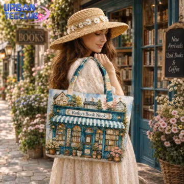 Personalized Bookshop Tote Bag, Personalized Quilted Book Lover Gift, Vintage Floral Library Tote, Reader Bag Gift for Her, Book Club Tote