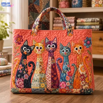Cats Quilted Tote Bag, Colorful Cat Face Tote, Vintage Cat Floral Shoulder Bag, Boho Animal Quilted Bag for Cat Lovers, Gift for Cat Mom