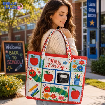 Personalized Very Hungry Caterpillar Quilted Tote Bag, Children's Book Inspired Teacher Bag, Custom Teacher Name Tote, Back To School Gift