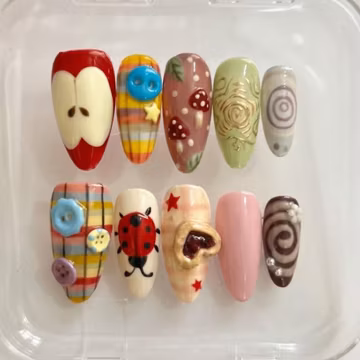 Handmade Cottagecore Ladybug & Mushroom Press On Nails | 3D Apple Cookie Whimsical Art | Kawaii Custom Nails
