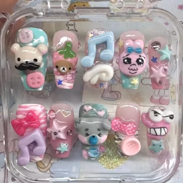 Handmade Kawaii Kidcore Press On Nails | 3D Pastel Music & Cute Animal Art | Decora Harajuku Coffin Custom Fake Nails
