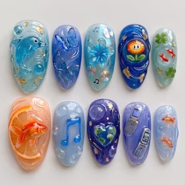 Handmade 3D Frutiger Aero Jelly Press On Nails | Aquatic Y2K Nostalgia Art