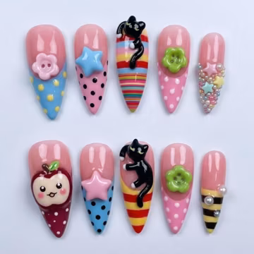 Handmade Kawaii Black Cat & Cute Apple Press On Nails | 3D Harajuku Kidcore Decoden Art | Colorful Polka Dot Star Custom Nails