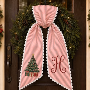 Personalized Christmas Tree Wreath Sash, Custom Monogram Front Door Bow, Red Ticking Stripe Holiday Wreath Decor, Christmas Gift