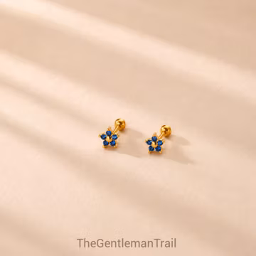 Gold Blue CZ Flower Stud Earrings, Marquise Cut Screw Back, Dainty Piercing Jewelry