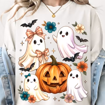 Boho Floral Ghost Pumpkin PNG, Girly Coquette Halloween Sublimation (Digital Download)