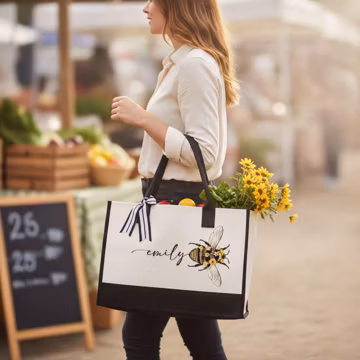 Personalized Bee Tote Bag: Floral Insect Design (Custom Name)