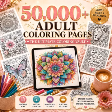 50,000+ Adult Coloring Pages Bundle, Mandala Coloring Book Collection, Printable Stress Relief Pages, Mindfulness Art, PLR MRR Rights