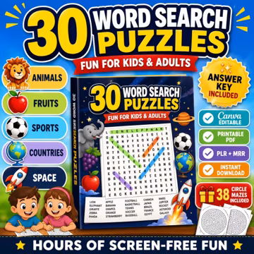 30 Word Search Puzzles Book, Kids & Adults Puzzle Activity Book, Canva Editable, PLR MRR Resell Rights, Instant Download