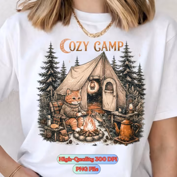 Cozy Camp Cat PNG, Vintage Camping, Orange Cat Clipart, Forest Campfire Clipart, Fall Autumn Cat Lover, Animals Camping, Retro Campfire