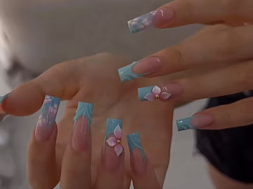 Wedding nails ,3D Lemon Handmade Press on nails ,Squoval Press On Nails, 3D Gel flower, ombre blue color , Squoval nails ,Dreamy flower
