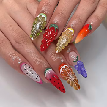 Hand Painted Fruit Press On Nails: 3D Almond Acrylic Nails