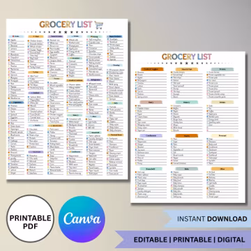 Editable Grocery List, Printable Master Grocery checklist, Blank Grocery template, Grocery Shopping List, Weekly meal planner Food Checklist