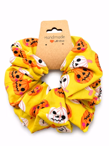 Neon Yellow Pumpkin and Ghost Cotton Scrunchie · Bright Halloween Handmade Hair Tie · Spooky Gift
