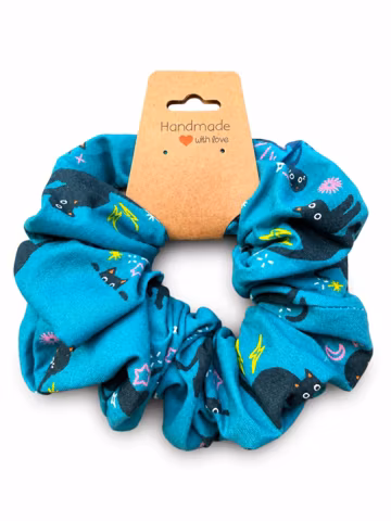 Teal Black Cat Cotton Scrunchie · Moon and Star Print Handmade Hair Tie · Halloween Gift for Her