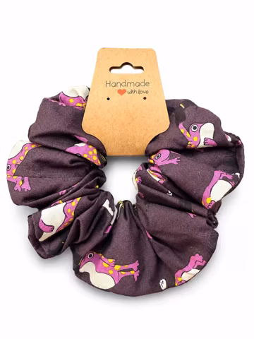 Plum and Pink Frog Cotton Scrunchie · Dark Purple Handmade Hair Tie · Quirky Everyday Gift
