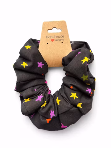 Black Star Print Cotton Scrunchie · Rainbow Confetti Handmade Hair Tie · Everyday Gift for Her