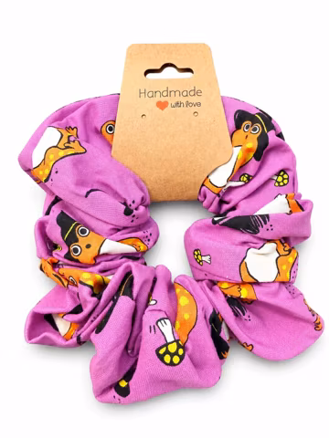 Witch Hat Frog Cotton Scrunchie · Purple Halloween Handmade Hair Tie with Toadstools · Spooky Gift