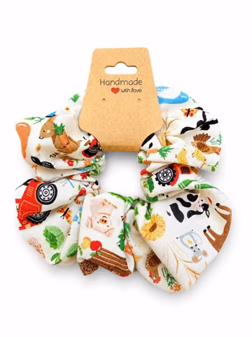 Farm Animal Print Cotton Scrunchie · Cream Tractor and Cow Handmade Hair Tie · Gift for Girls