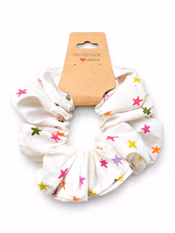 Cream Star Print Cotton Scrunchie · Rainbow Confetti Handmade Hair Tie · Small Gift for Girls