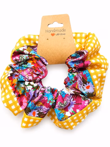 Yellow Gingham and Wildflower Cotton Scrunchie · Two Fabric Handmade Hair Tie · Small Gift for Her