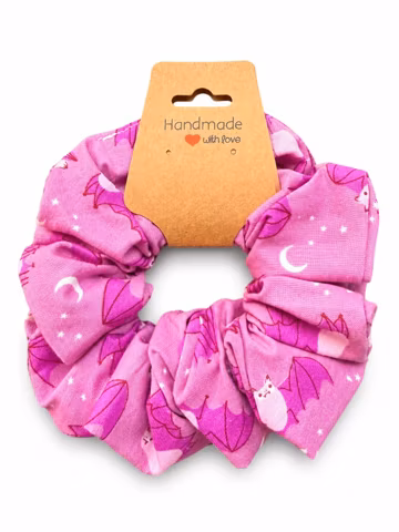 Purple Bat and Moon Cotton Scrunchie · Pastel Halloween Hair Tie · Handmade Trick or Treat Gift