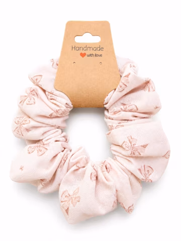 Blush Pink bow Cotton Scrunchie · Handmade Hair Tie in a Soft Neutral Print · Gift for Her