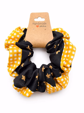Yellow Gingham and Black Star Cotton Scrunchie · Two Fabric Handmade Hair Tie · Gift for Her
