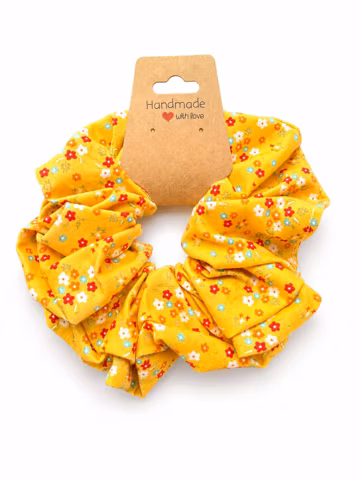Yellow Ditsy Floral Cotton Scrunchie · Small Flower Print Handmade Hair Tie · Cottagecore Gift