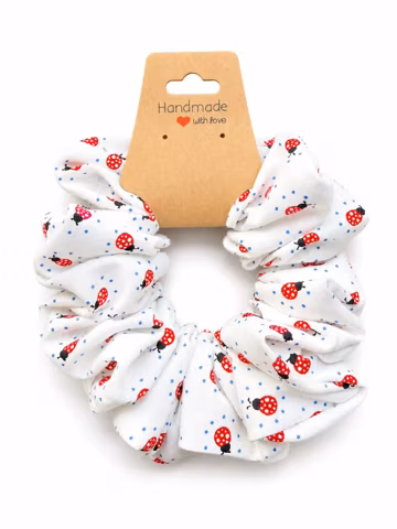 Ladybug Print Cotton Scrunchie · White and Red Handmade Hair Tie with Blue Dots · Gift for Girls