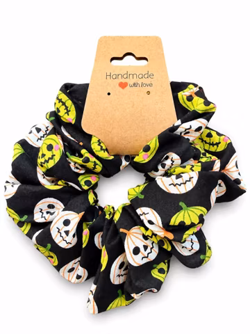 Black Halloween Cotton Scrunchie · Neon Green Jack o Lantern and Ghost Handmade Hair Tie · Spooky Gift