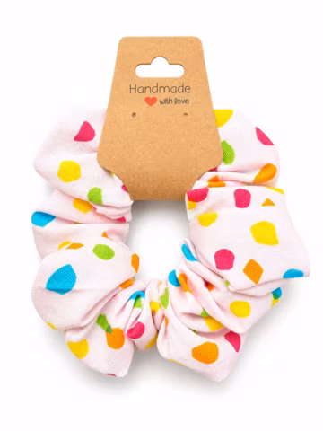 Pink Confetti Dot Cotton Scrunchie · Rainbow Speckle Handmade Hair Tie · Small Gift for Girls