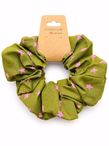 Olive Green and Pink Star Cotton Scrunchie · Handmade Hair Tie in a Retro Palette · Gift for Her